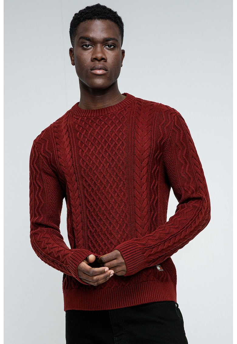 Pulover cu decolteu la baza gatului si model torsade - Visiniu