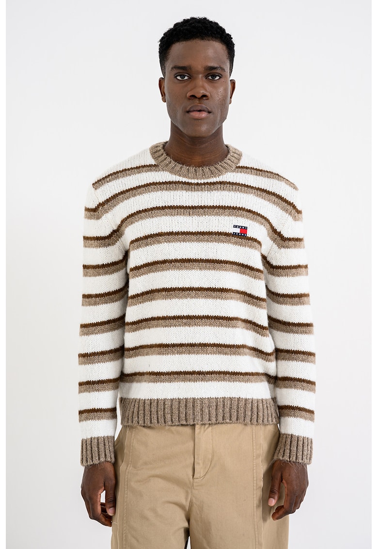 Pulover lejer din amestec de lana alpaca cu dungi - Alb/Maro camel