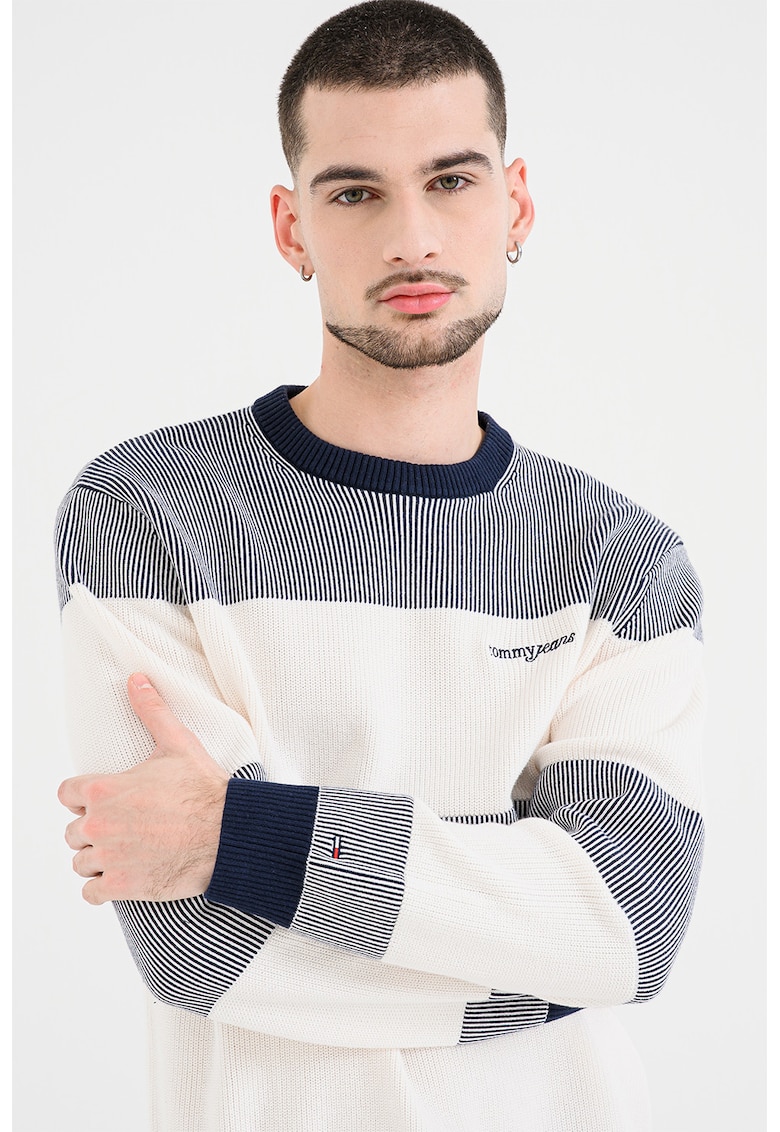 Pulover cu decolteu la baza gatului si imprimeu logo - Alb/Bleumarin