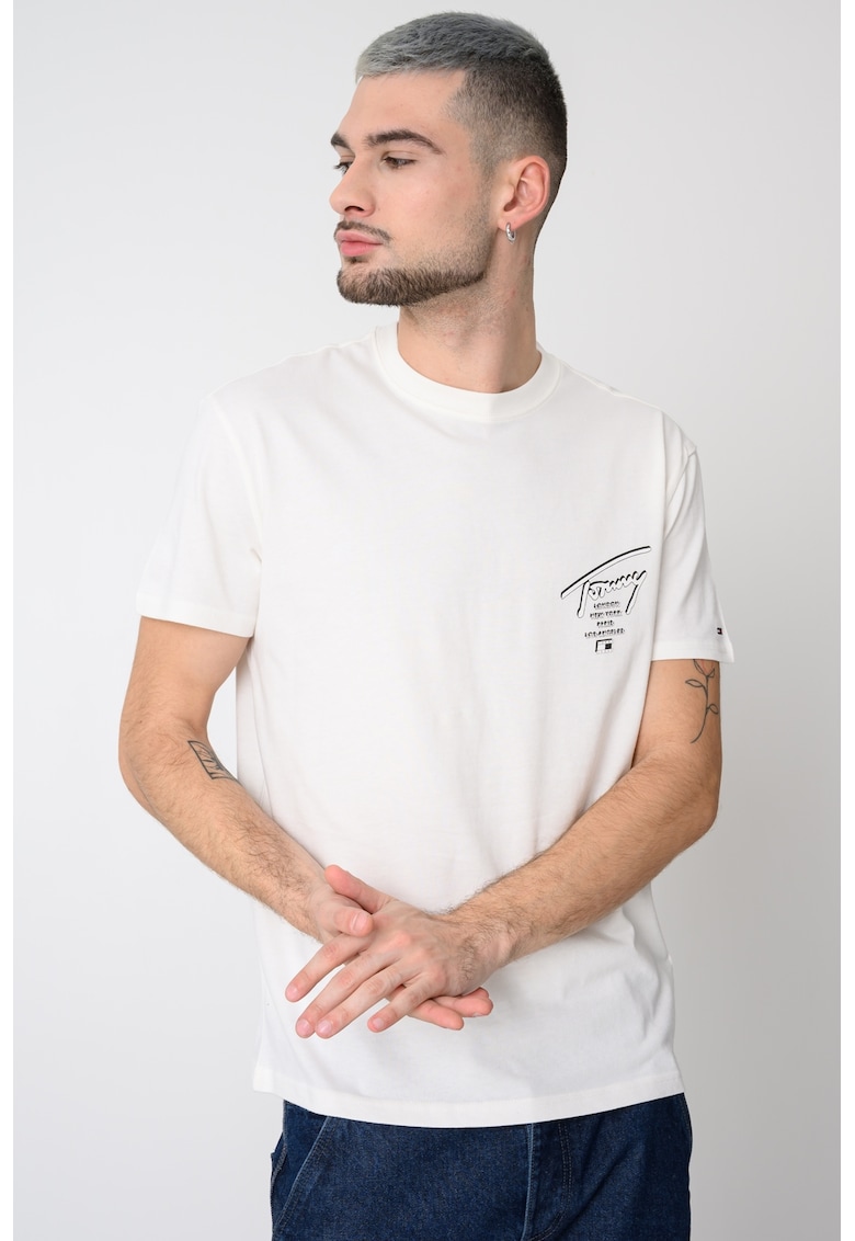 Tricou de bumbac cu imprimeu logo pe partea din spate Signature - Alb