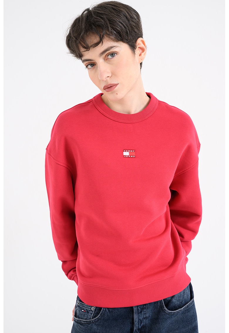 Bluza de trening cu decolteu la baza gatului si logo discret - Roz zmeuriu