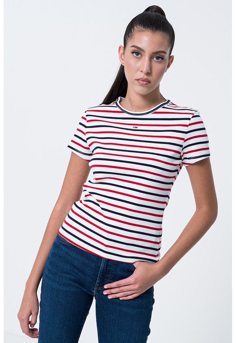 Tricou slim fit striat - Alb optic/Rosu vermillion/Bleumarin