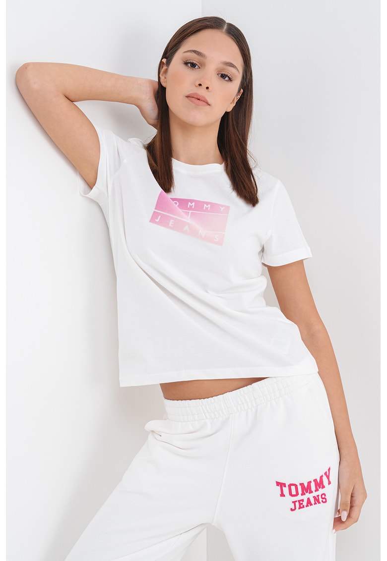 Tricou cu imprimeu si decolteu la baza gatului - Roz pastel/Alb murdar