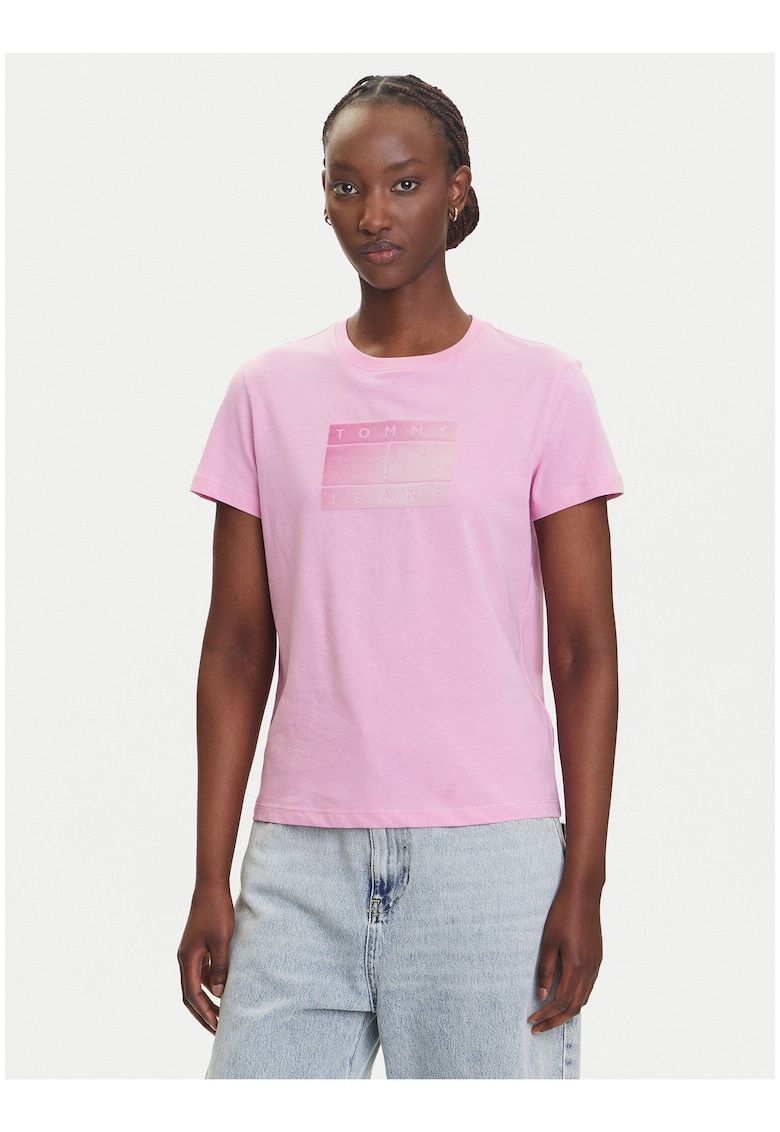 Tricou cu imprimeu si decolteu la baza gatului - Roz/Roz prafuit