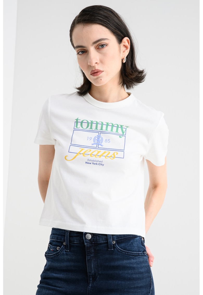 Tricou cu logo si decolteu la baza gatului - Alb