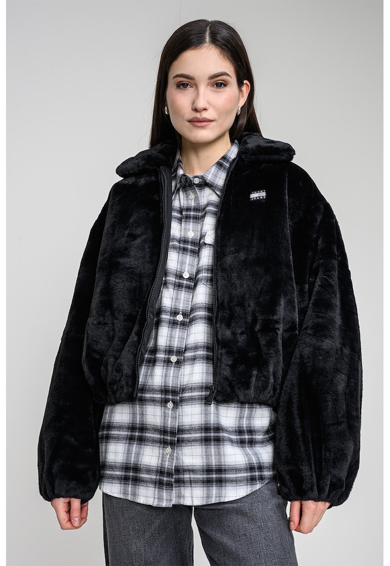 Haina din blana sintetica cu fermoar - Negru