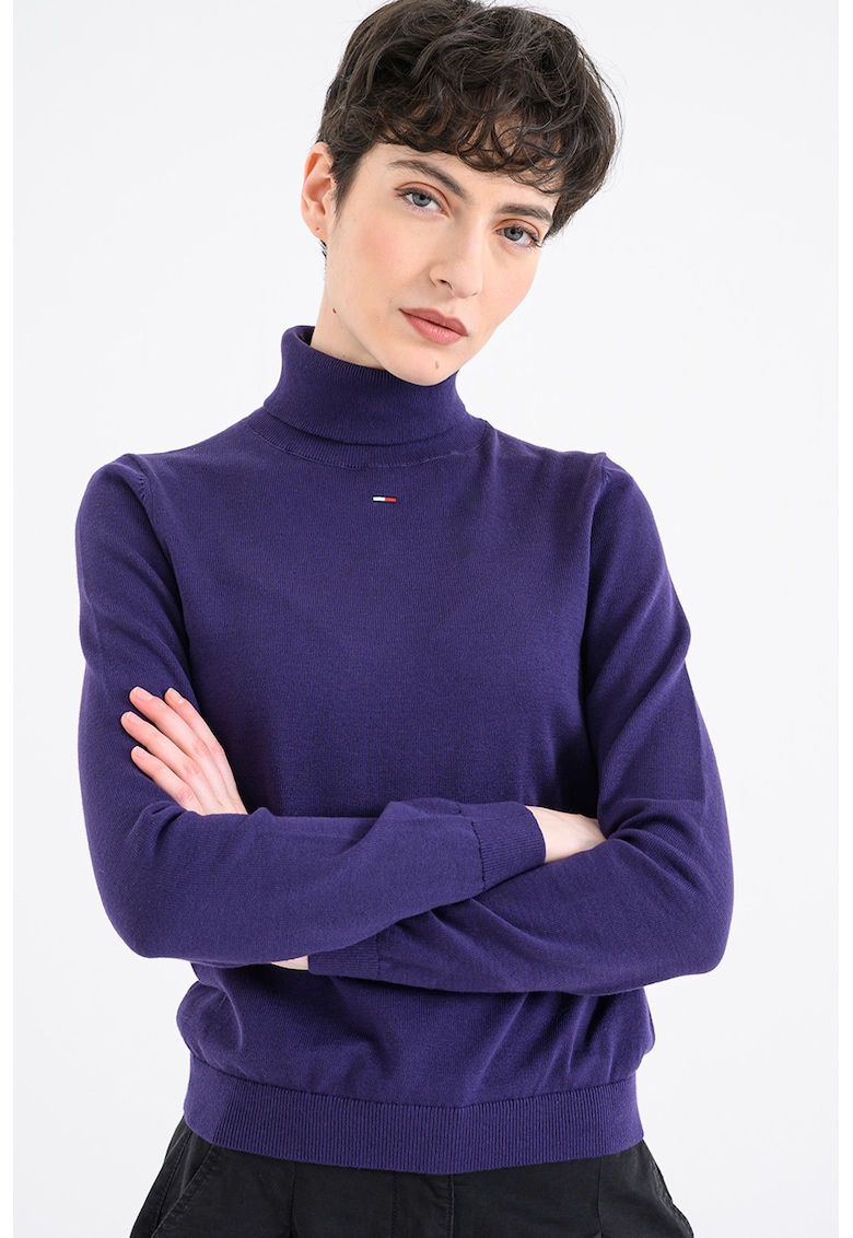 Pulover din bumbac organic cu guler inalt si model uni - Violet