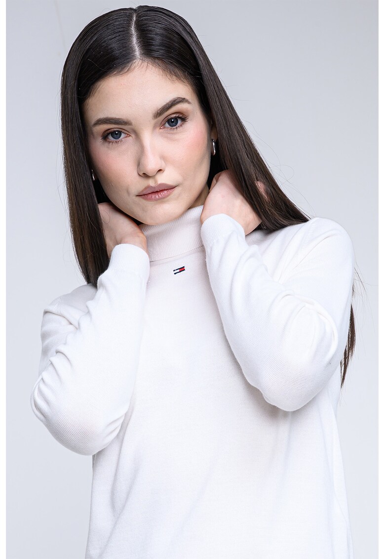 Pulover din bumbac organic cu guler inalt si model uni - Alb