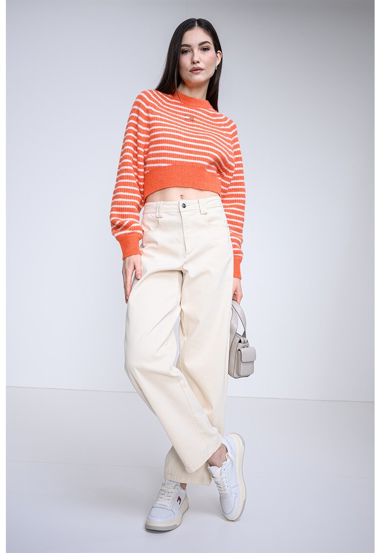 Pulover crop cu detaliu logo - Alb/Portocaliu