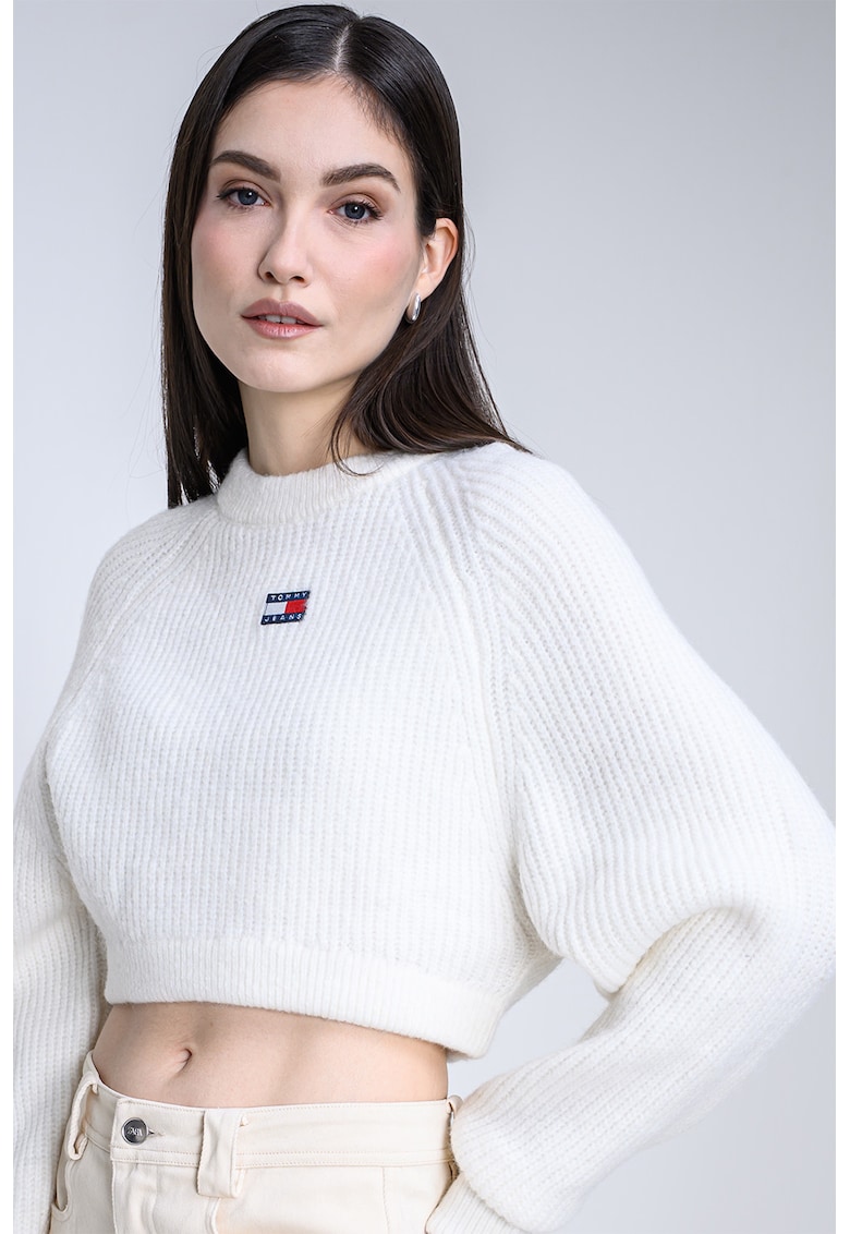 Pulover crop cu detaliu logo - Alb
