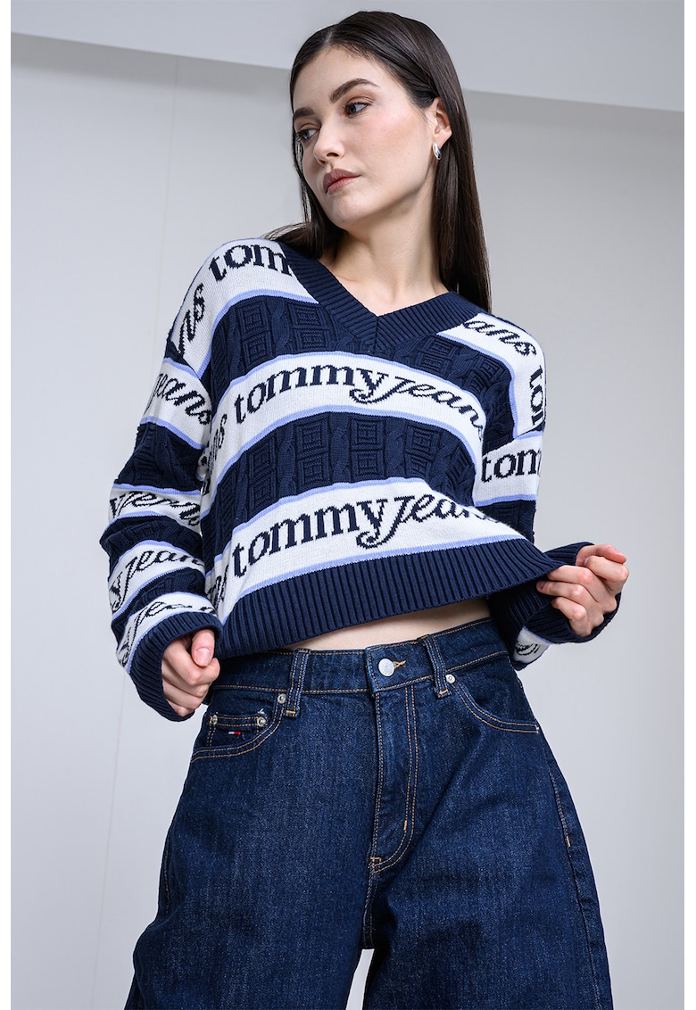 Pulover crop din bumbac organic - Alb/Bleumarin