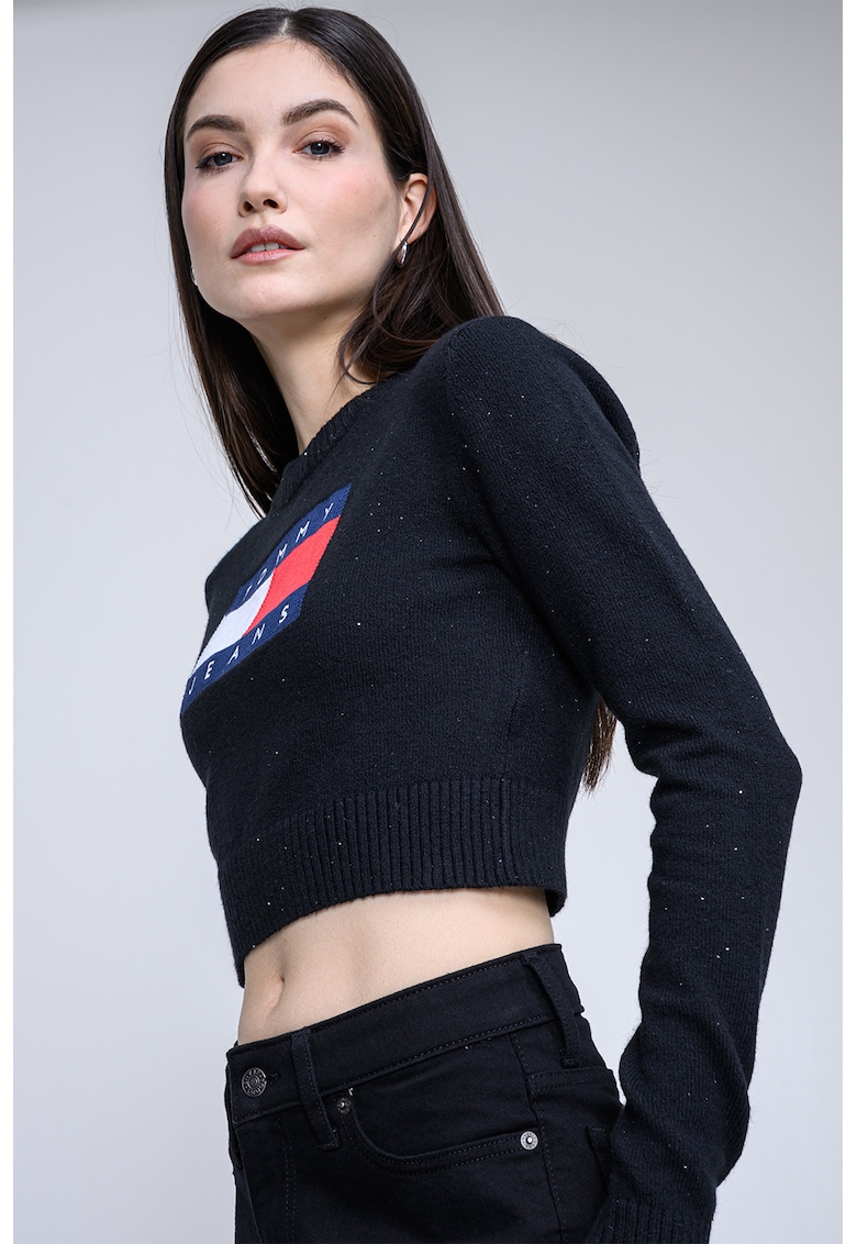 Pulover crop cu imprimeu logo - Negru