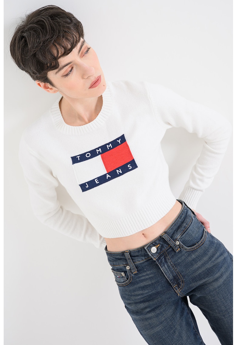 Pulover crop cu imprimeu logo - Alb