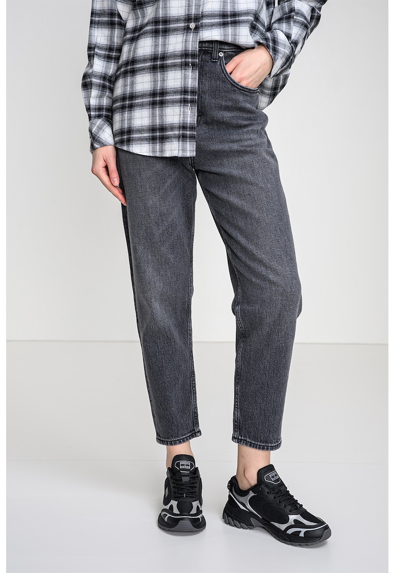 Blugi crop mom fit cu talie inalta - Gri melange