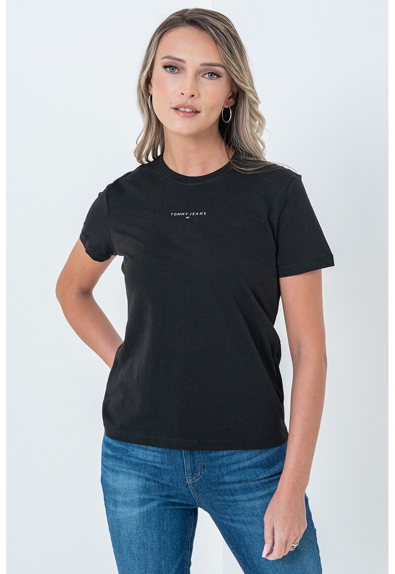 Tricou cu decolteu la baza gatului si detaliu logo - Negru