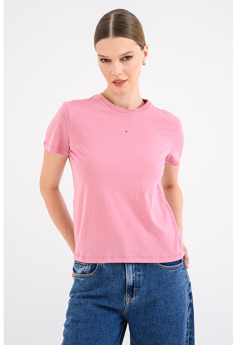 Tricou cu decolteu la baza gatului si detaliu logo - Roz pastel