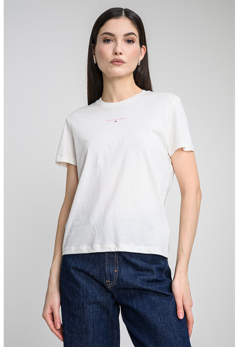 Tricou cu decolteu la baza gatului si detaliu logo - Alb murdar