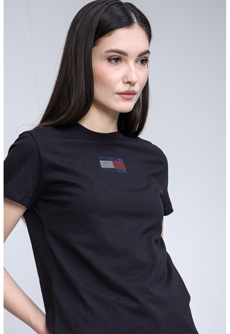 Tricou cu decolteu la baza gatului si logo cu strasuri - Negru
