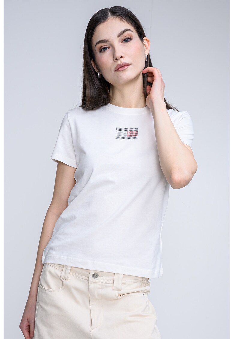 Tricou cu decolteu la baza gatului si logo cu strasuri - Alb murdar