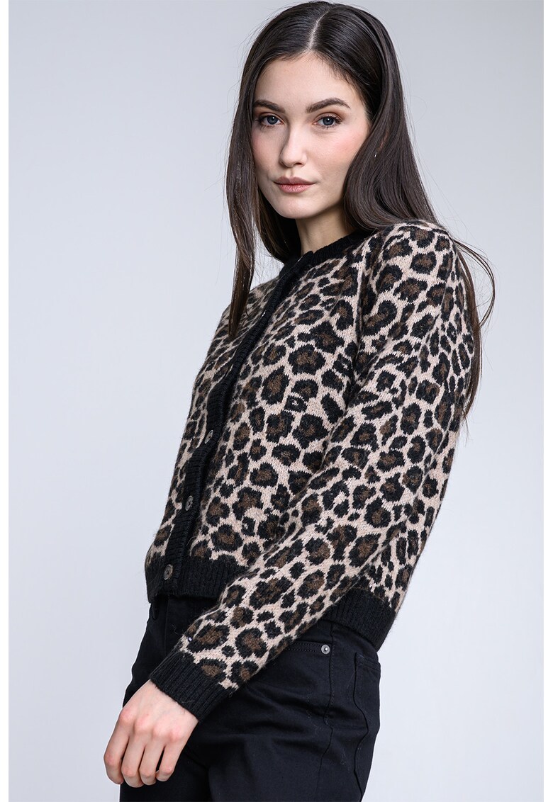 Cardigan din amestec de lana si lana alpaca cu model animal print - Negru/Maro camel