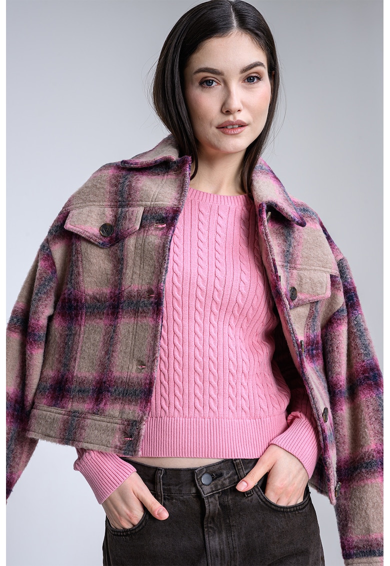 Pulover slim fit cu model torsade - Roz