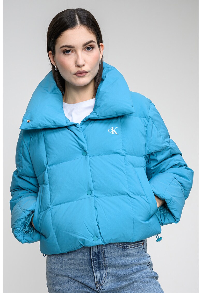 Geaca scurta cu vatelina si guler supradimensionat - Turcoaz