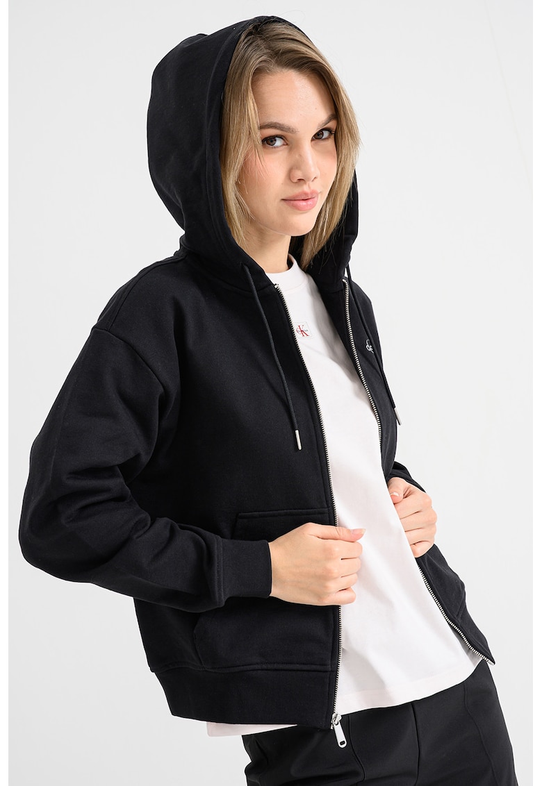 Hanorac cu fermoar si maneci cazute - Negru