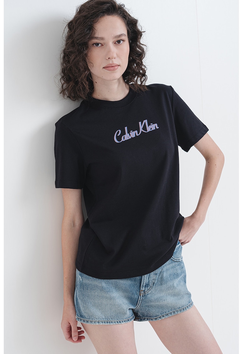 Calvin Klein Jeans Tricou cu decolteu la baza gatului si logo - Negru/Albastru