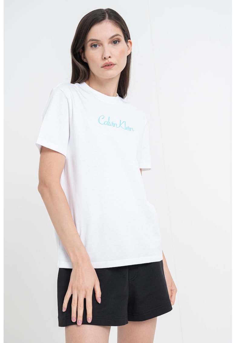 Tricou cu decolteu la baza gatului si logo - Alb/Albastru