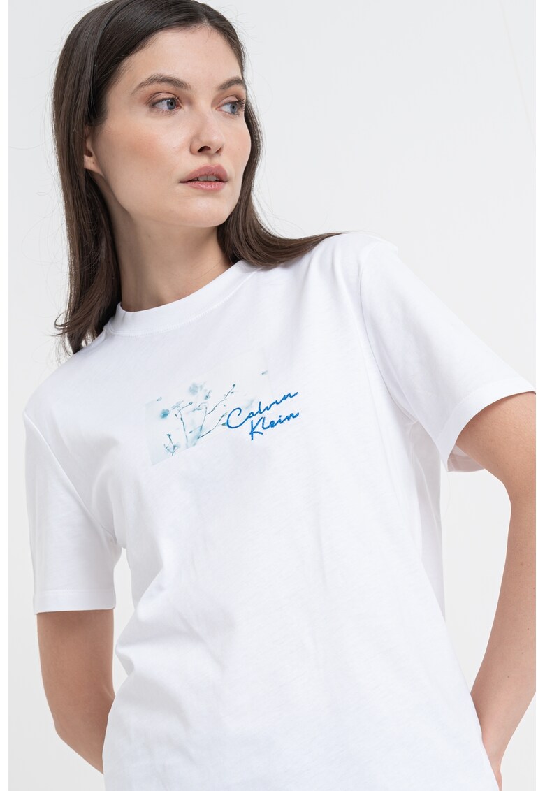 Tricou de bumbac cu decolteu la baza gatului - Alb/Verde/Albastru