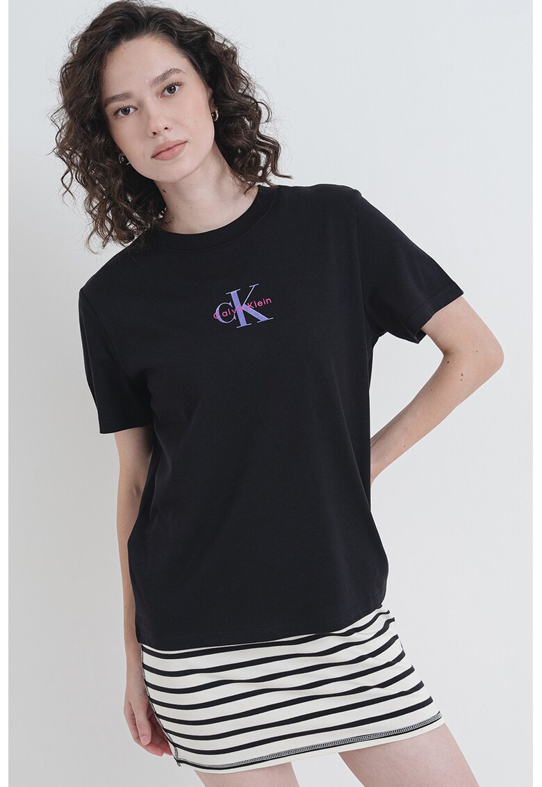 Tricou cu decolteu la baza gatului si imprimeu - Negru/Roz
