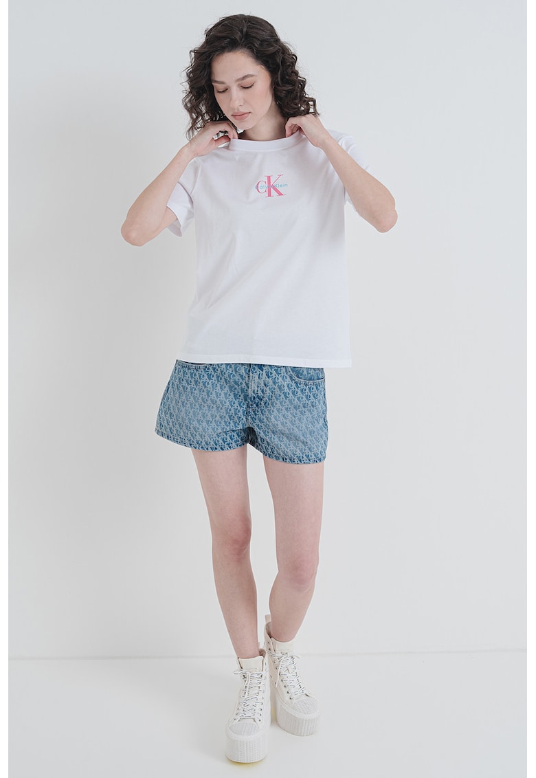 Tricou cu decolteu la baza gatului si imprimeu - Alb/Turcoaz/Roz inchis