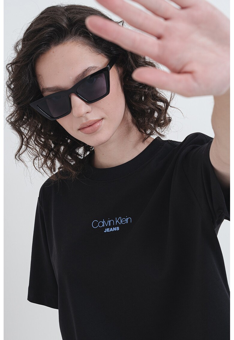 Tricou lejer cu decolteu la baza gatului - Negru/Albastru azur