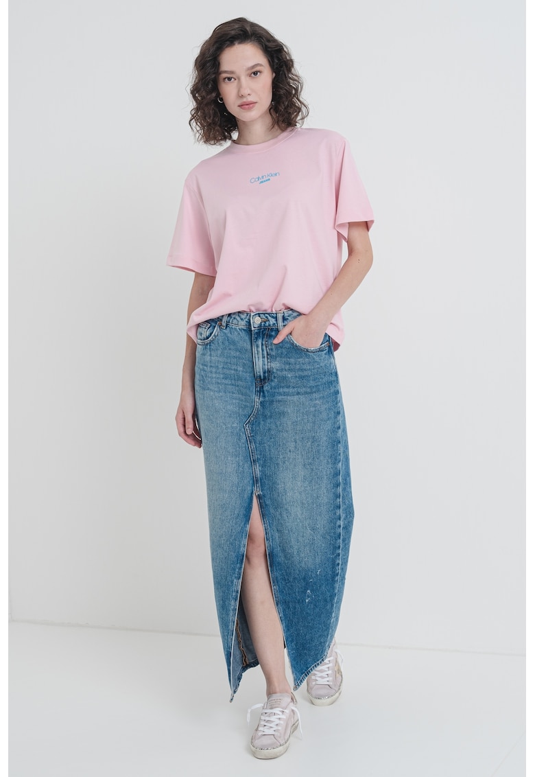 Tricou lejer cu decolteu la baza gatului - Turcoaz/Roz pastel