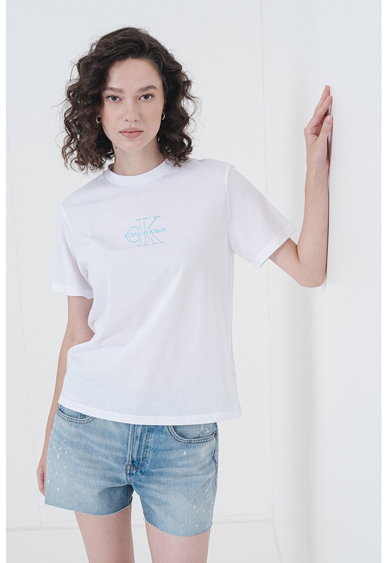 Tricou din bumbac cu imprimeu logo - Alb/Turcoaz