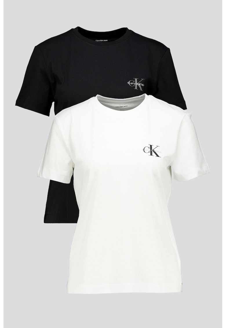 Set de tricouri cu decolteu la baza gatului si logo pe piept- 2 piese - Alb/Negru