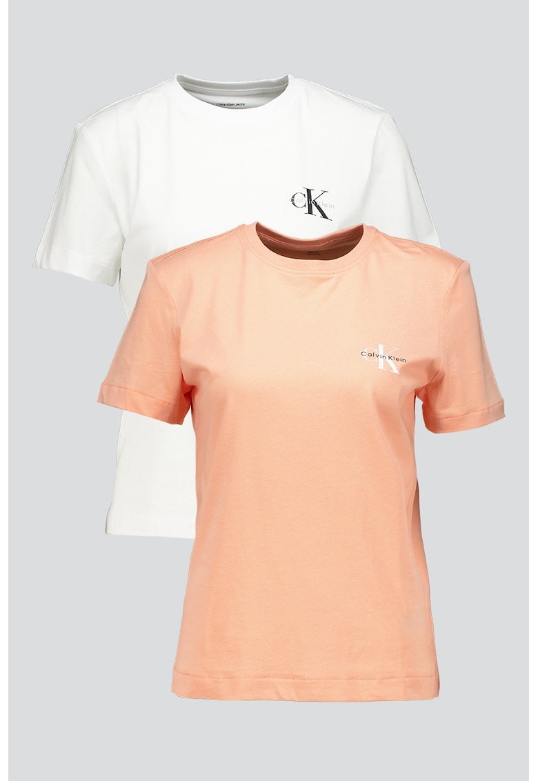 Set de tricouri cu decolteu la baza gatului si logo pe piept- 2 piese - Alb/Roz