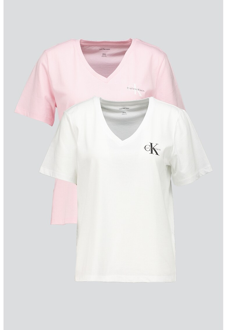 Set de tricouri cu decolteu in V si logo - 2 piese - Alb/Roz
