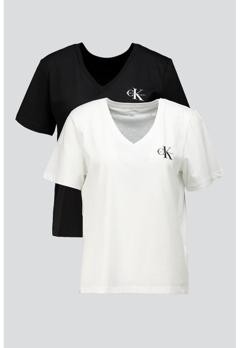 Set de tricouri cu decolteu in V si logo - 2 piese - Negru/Alb optic