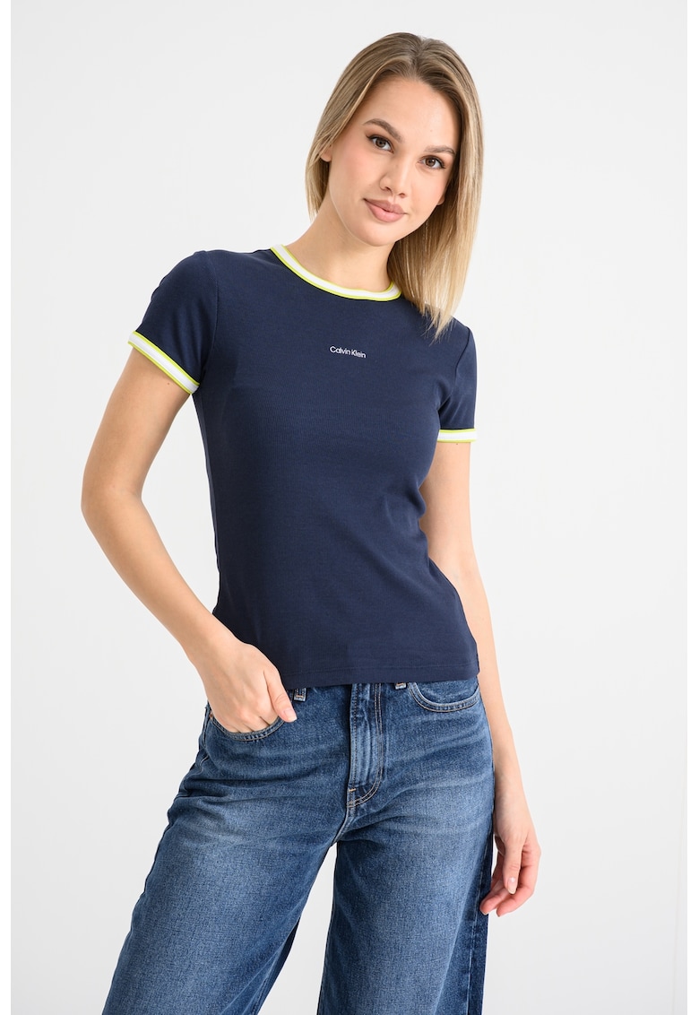 Tricou cu decolteu la baza gatului si logo - Alb/Verde lime/Bleumarin