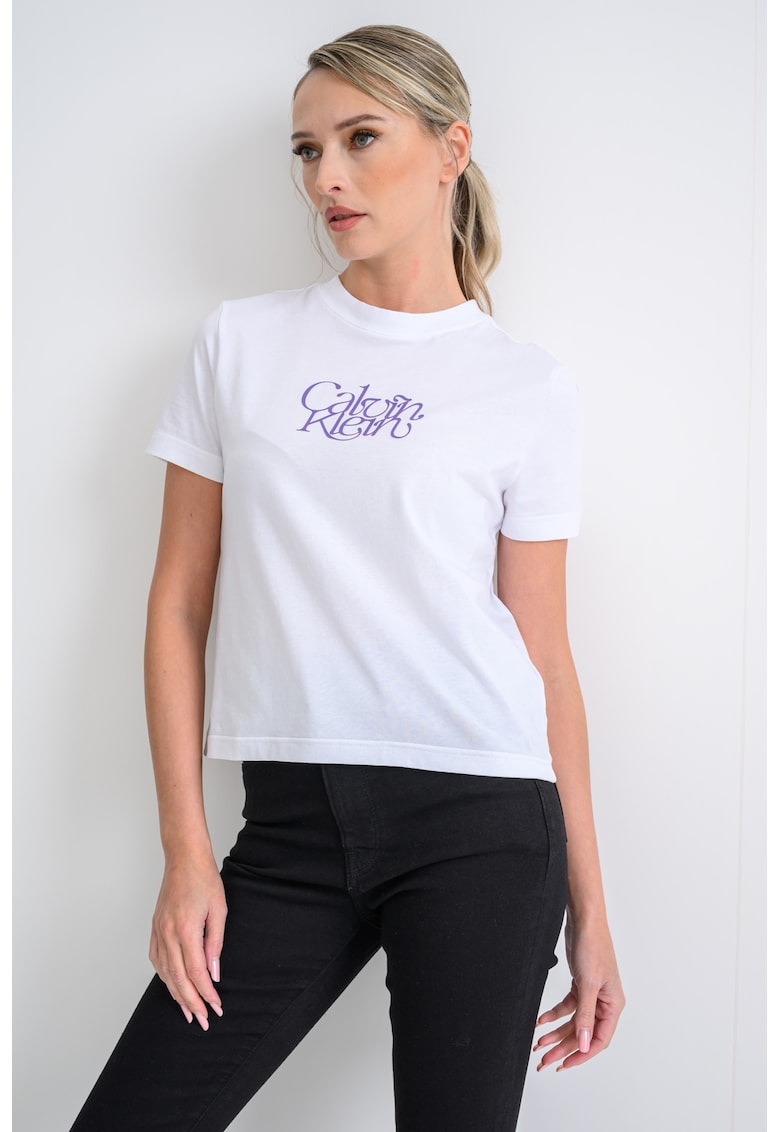 Tricou din bumbac cu imprimeu logo - Alb/Violet