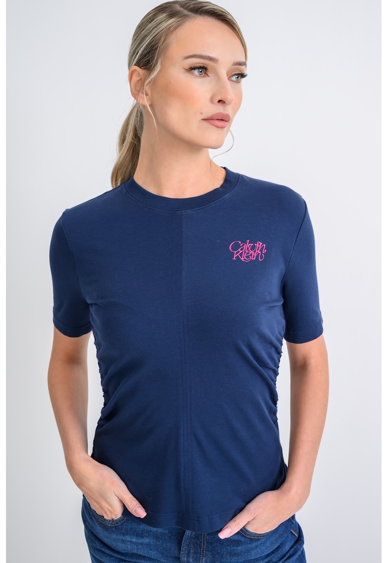 Tricou din bumbac cu decolteu la baza gatului si detaliu logo