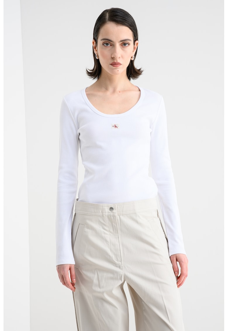 Bluza slim fit cu decolteu rotund - Alb