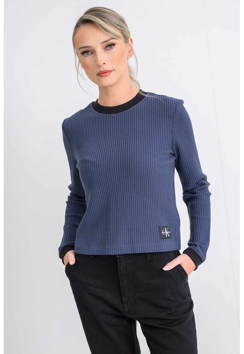 Pulover striat cu decolteu la baza gatului - Albastru indigo