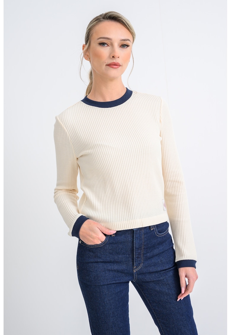 Pulover striat cu decolteu la baza gatului - Bej deschis