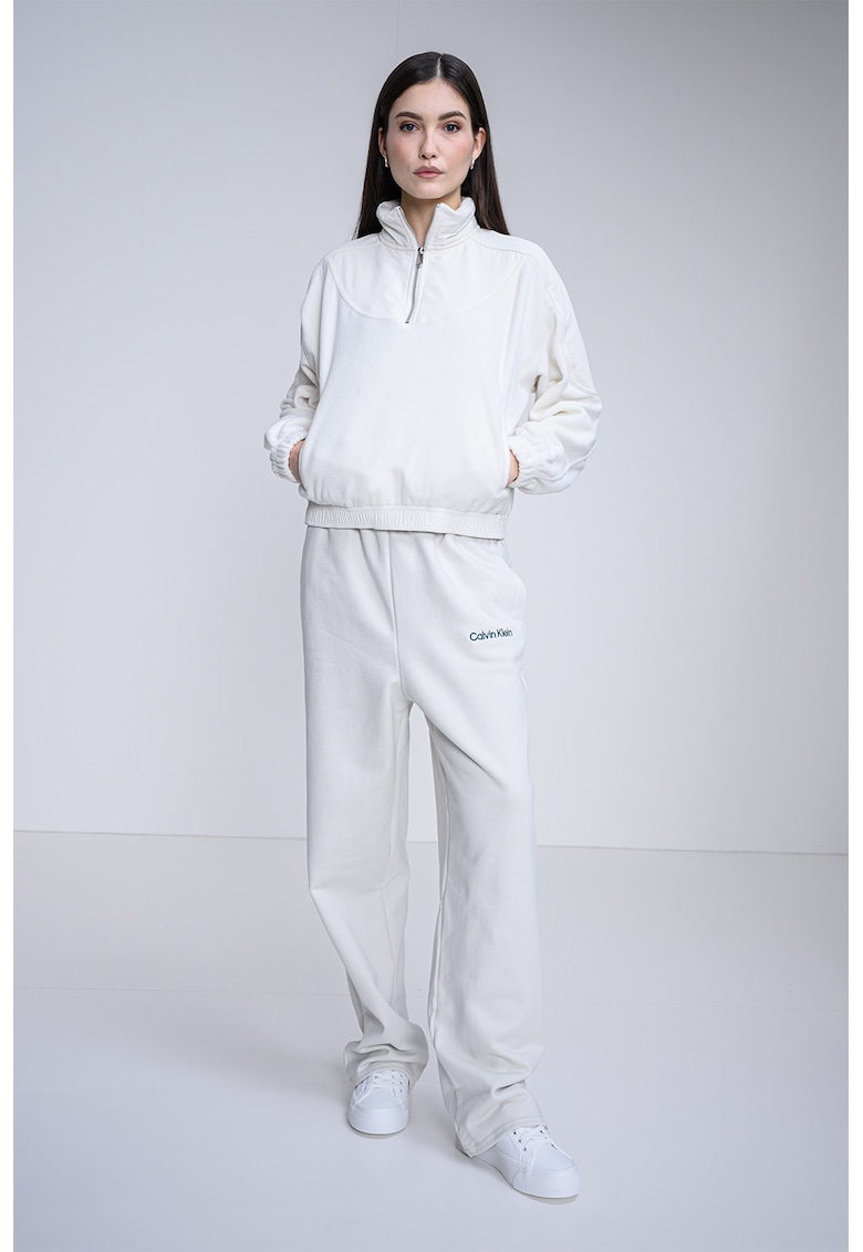 Bluza de trening cu fenta cu fermoar si buzunar kangaroo - Alb