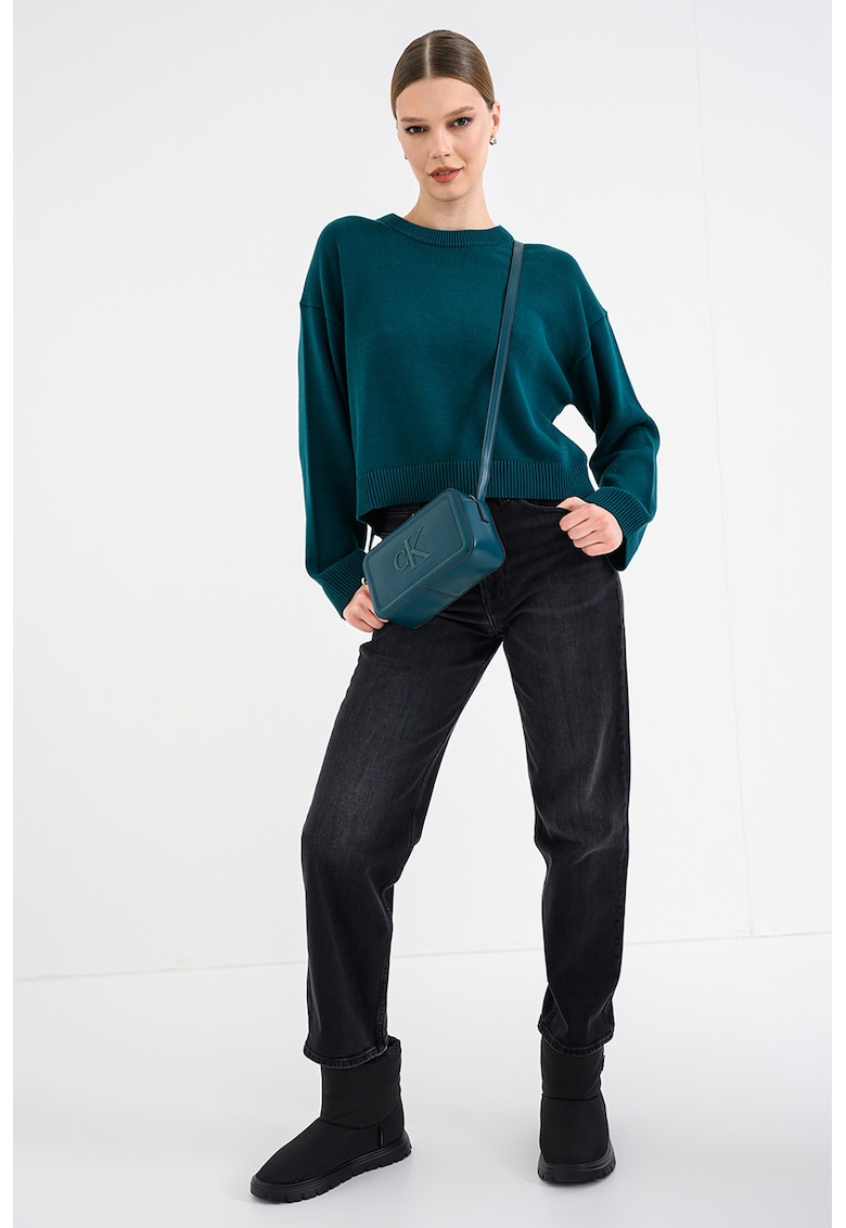 Pulover uni din bumbac cu maneci cazute