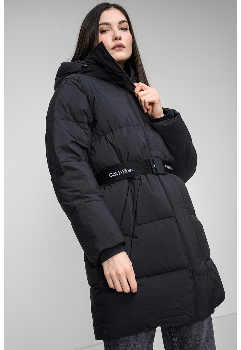 Geaca lunga cu o curea ajustabila in talie - Negru