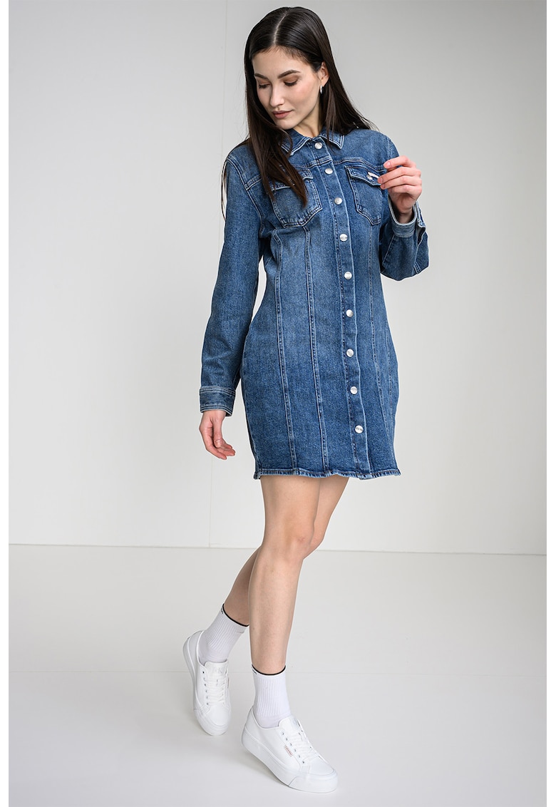 Rochie-camasa din denim cu buzunare pe piept - Albastru melange