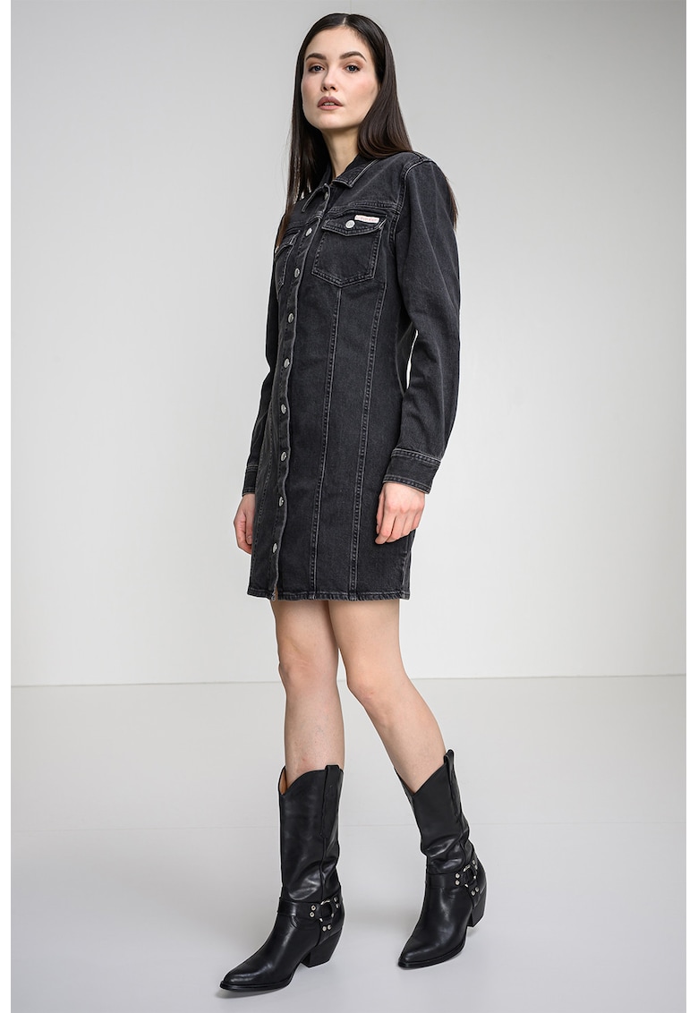 Rochie-camasa din denim cu croiala dreapta - Negru stins